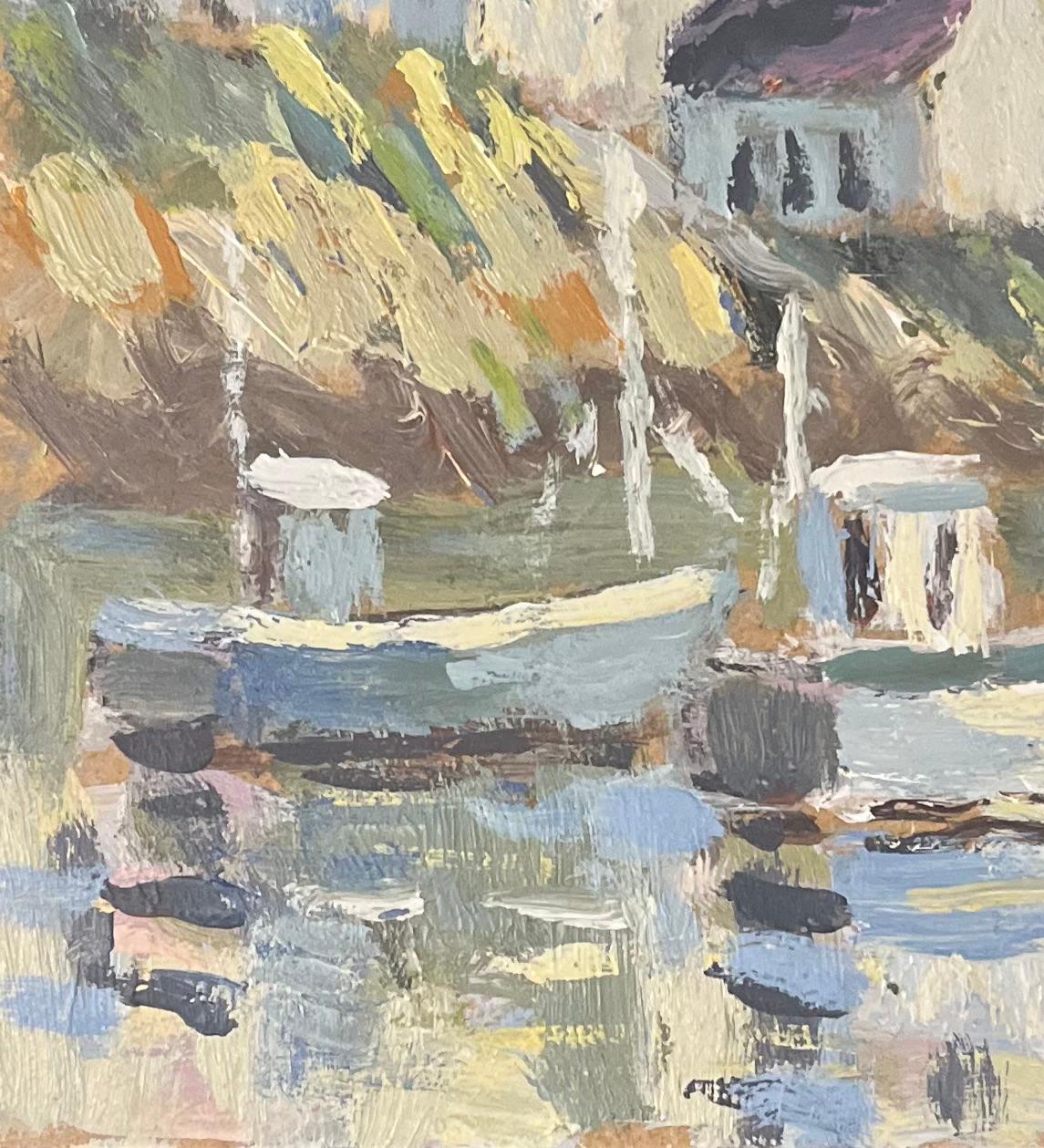 French Impressionist Oil Painting of Boats and Lighthouse on a Rocky Shore For Sale 1