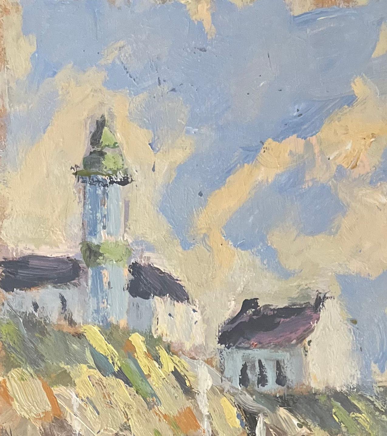 French Impressionist Oil Painting of Boats and Lighthouse on a Rocky Shore For Sale 2
