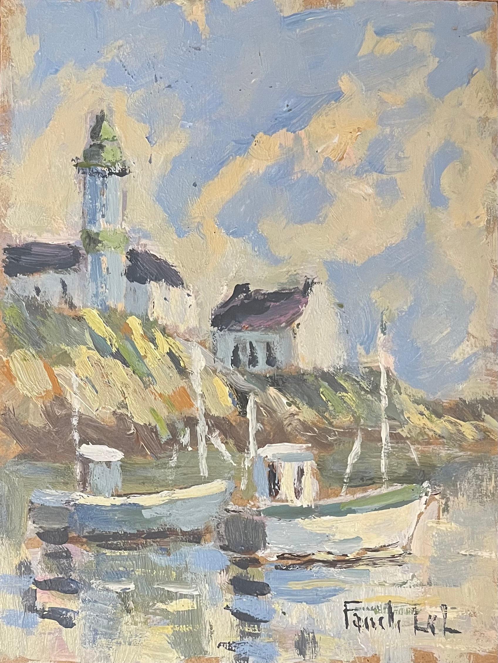 Fanch Lel Figurative Painting - French Impressionist Oil Painting of Boats and Lighthouse on a Rocky Shore