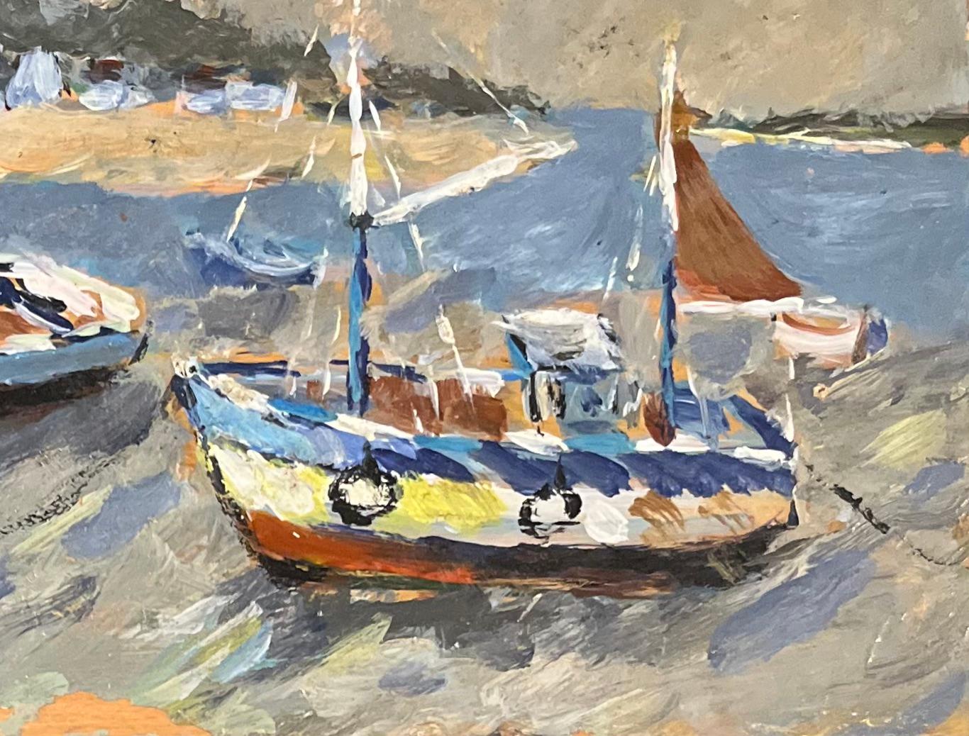 Title: French Impressionist Oil Painting of Boats at Le Guido
By Fanch Lel (French b. 1930)
Size: 7.25 x 9.5 inches (height x width)
Signed: Yes
Oil painting on board, unframed
Condition: The painting is in good condition, with minor signs of