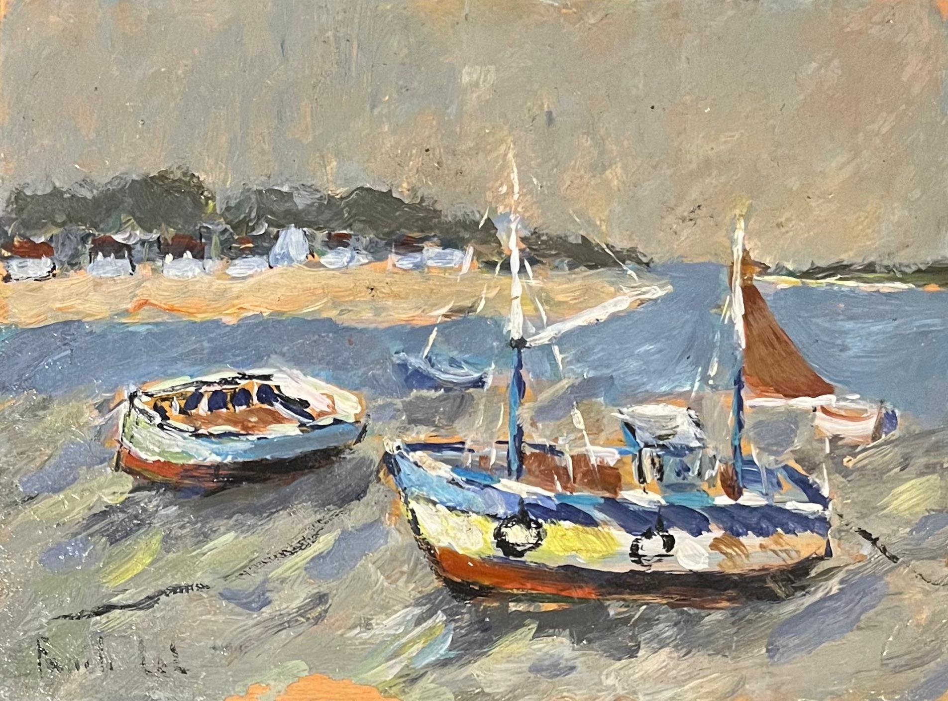 Fanch Lel Figurative Painting - French Impressionist Oil Painting of Boats at Le Guido