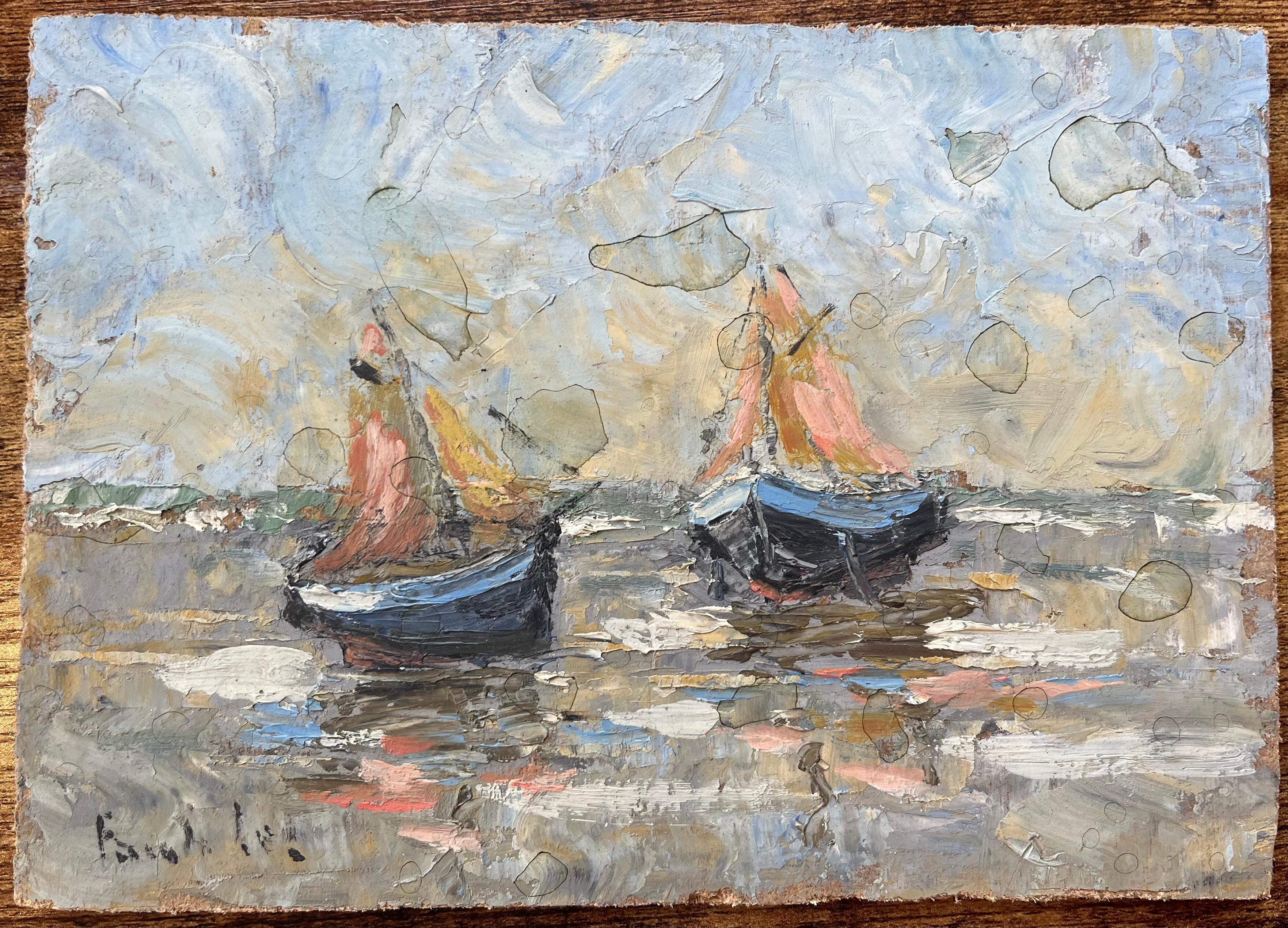 Dipinto a olio impressionista francese con barche in bassa marea - Painting di Fanch Lel