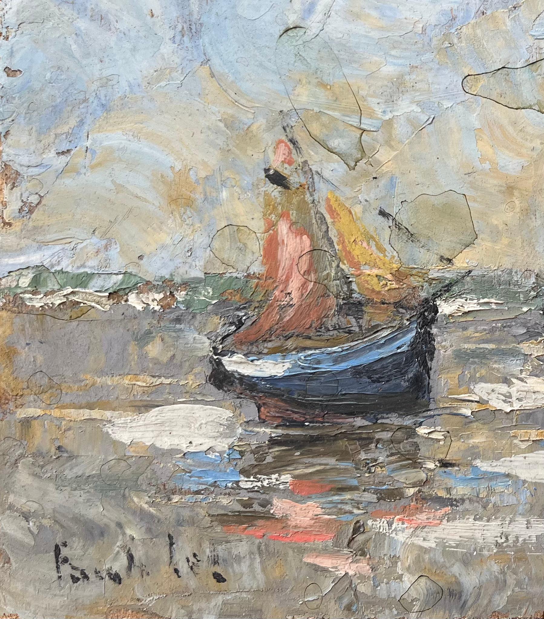 Dipinto a olio impressionista francese con barche in bassa marea - Painting Impressionismo di Fanch Lel
