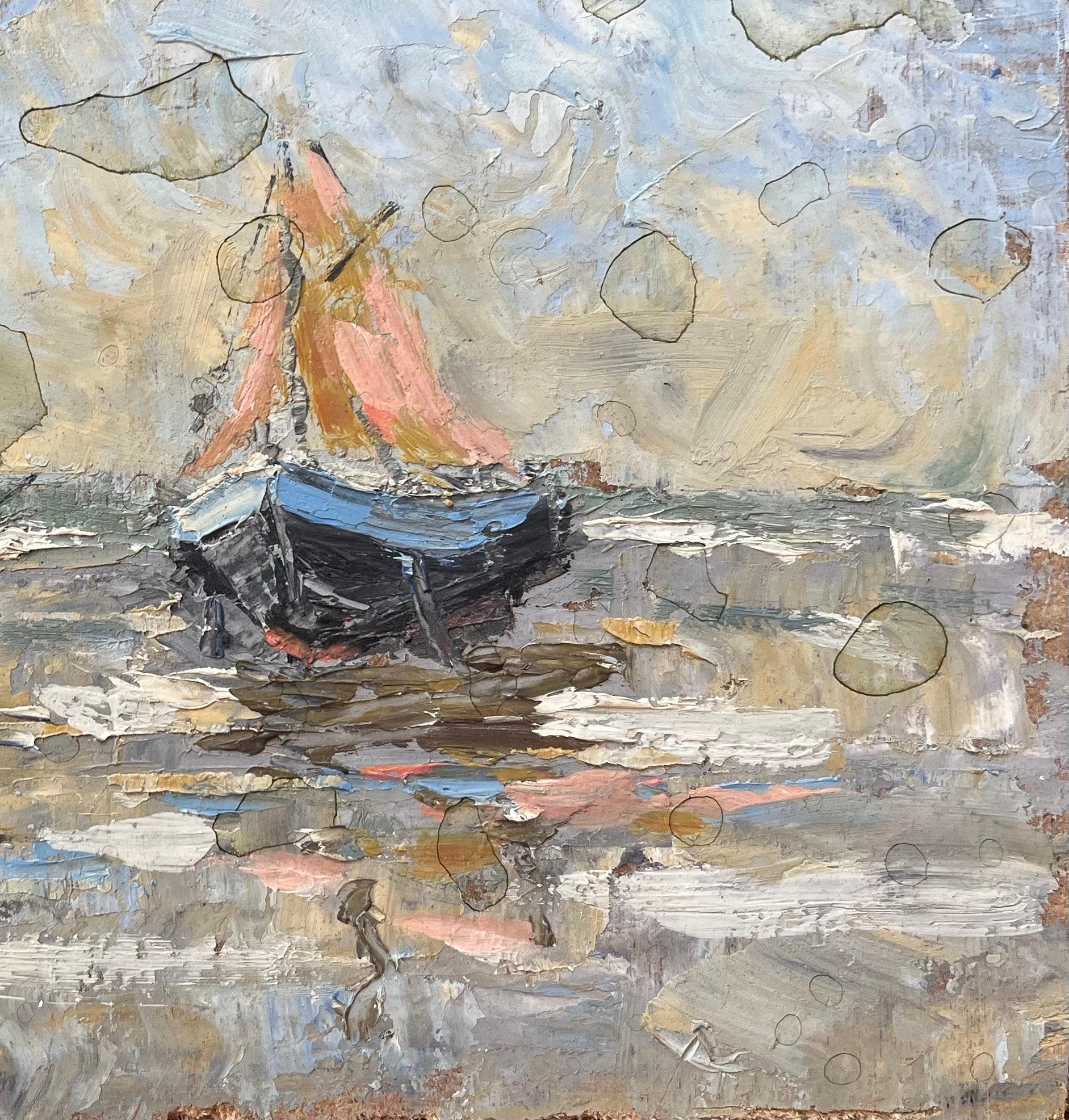 Dipinto a olio impressionista francese con barche in bassa marea - Landscape Painting Grigio di Fanch Lel