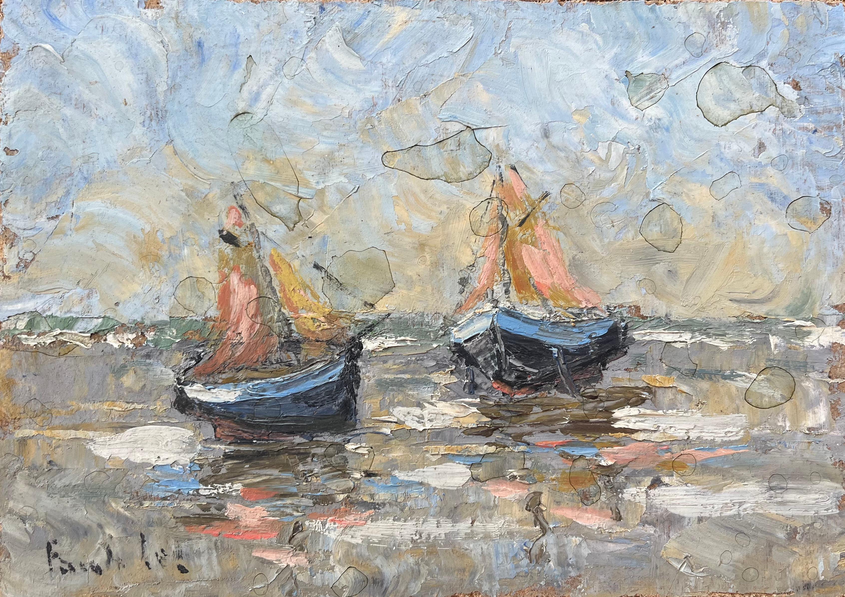 Landscape Painting di Fanch Lel - Dipinto a olio impressionista francese con barche in bassa marea