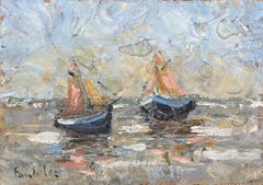 French Impressionist Oil Painting of Boats at Low Tide
