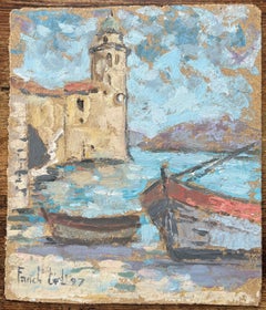 Quadro a olio impressionista francese con barche vicino a una torre costiera