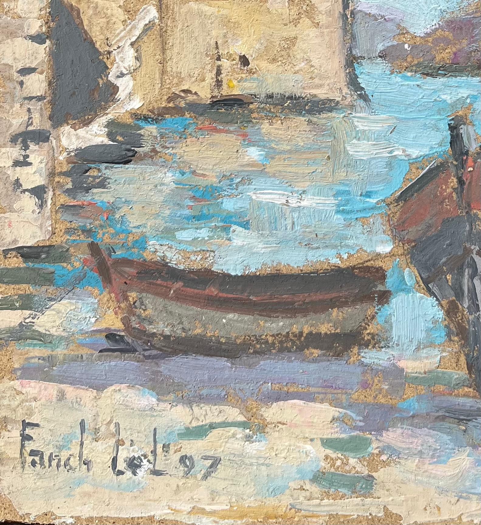 Quadro a olio impressionista francese con barche vicino a una torre costiera - Figurative Painting Grigio di Fanch Lel