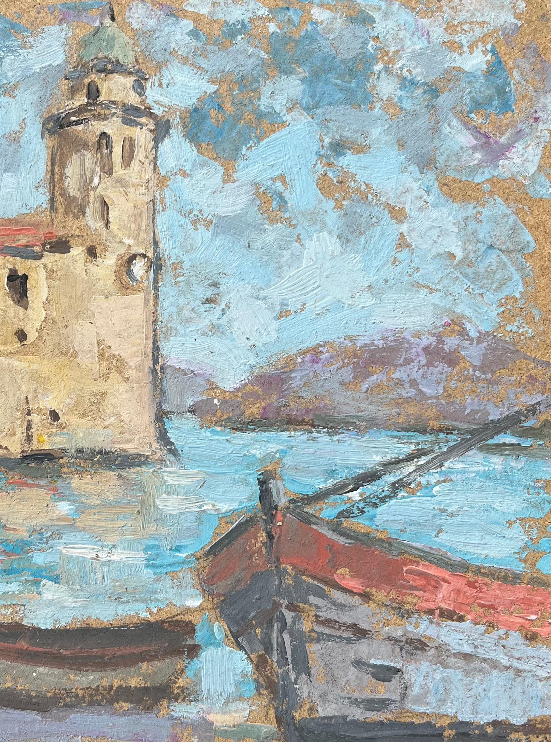 Quadro a olio impressionista francese con barche vicino a una torre costiera in vendita 1