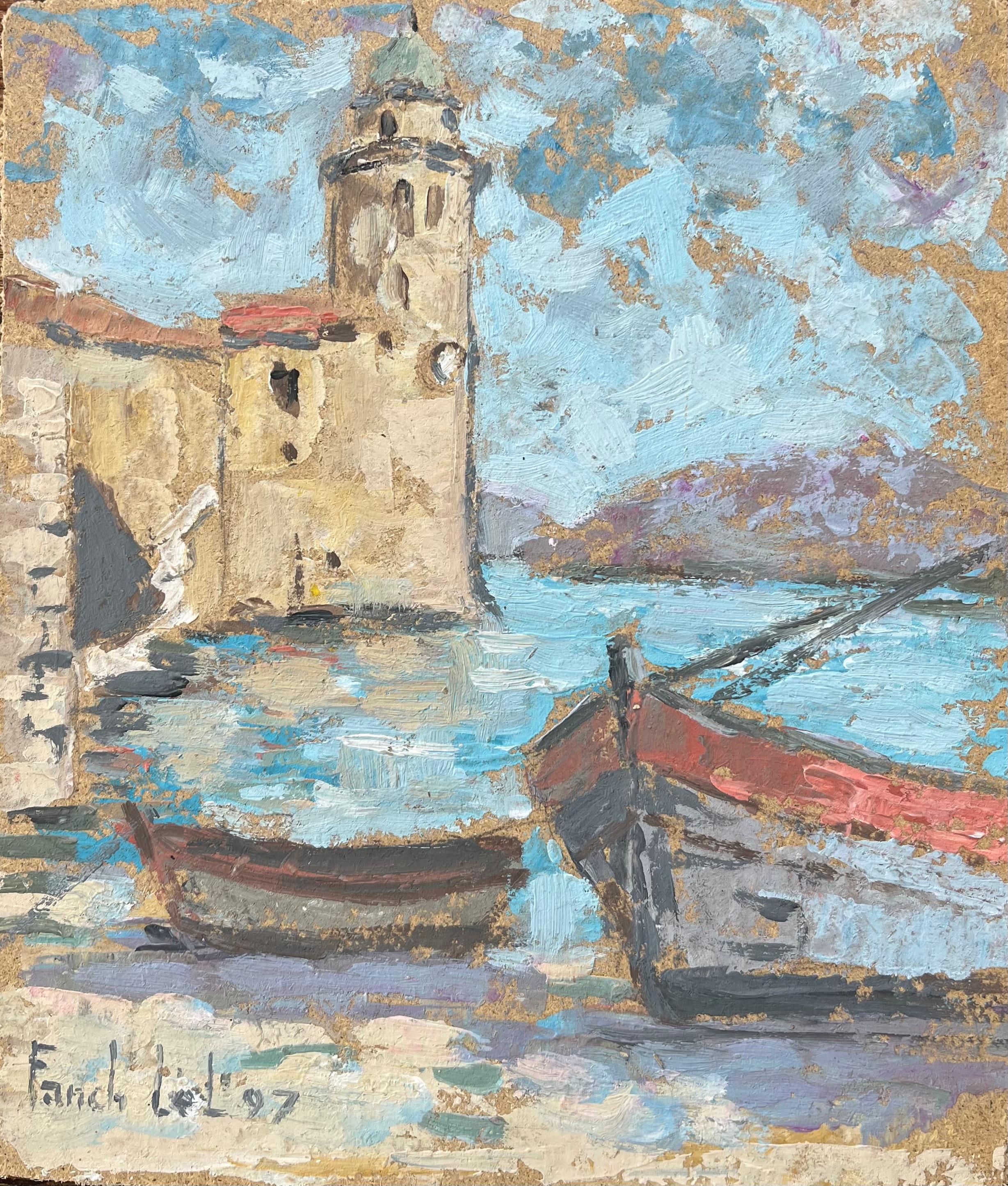 Figurative Painting di Fanch Lel - Quadro a olio impressionista francese con barche vicino a una torre costiera