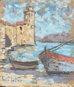 French Impressionist Oil Painting of Boats by a Coastal Tower