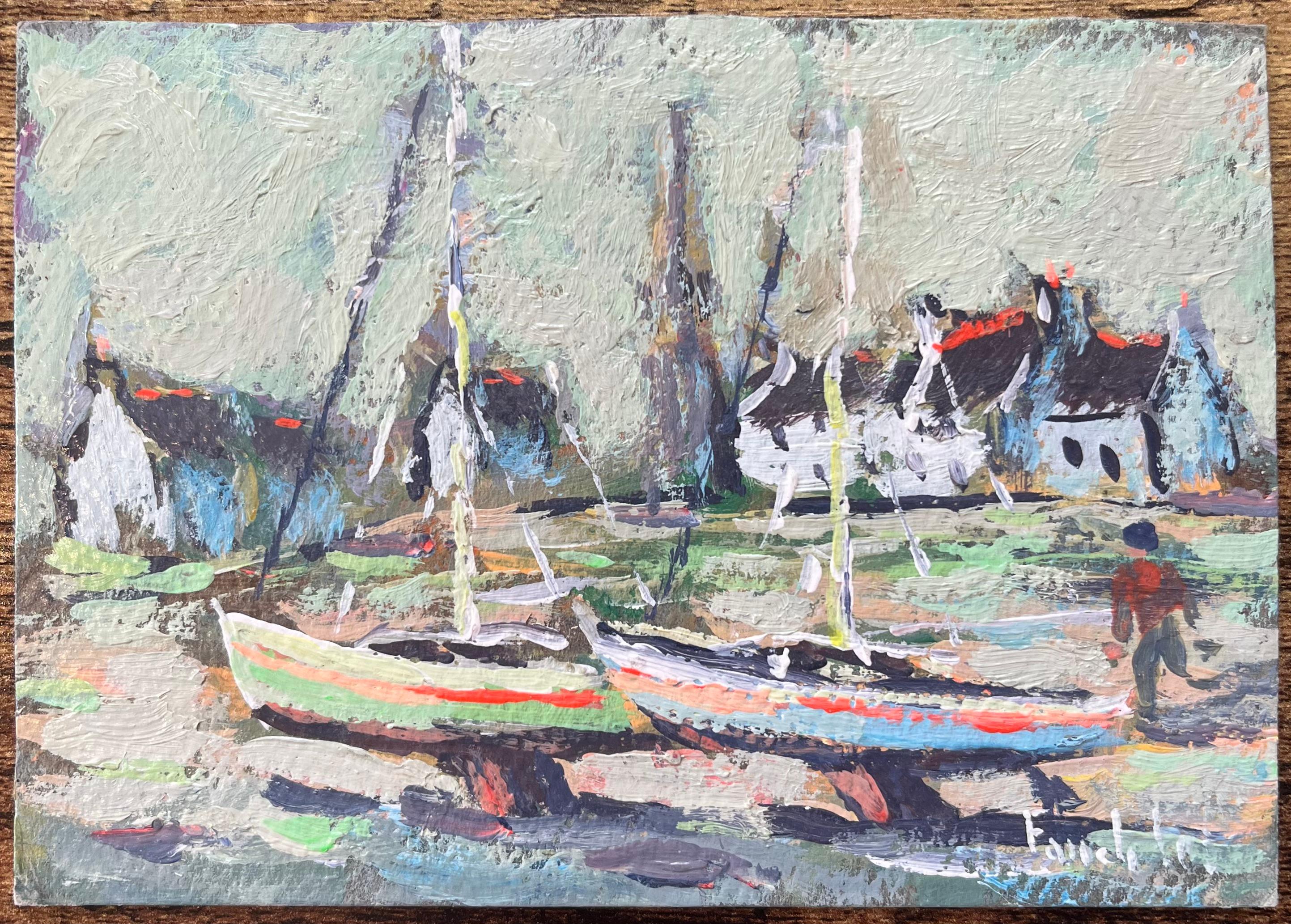 French Impressionist Oil Painting of Boats by the Sea in Breton Village - Gray Figurative Painting by Fanch Lel