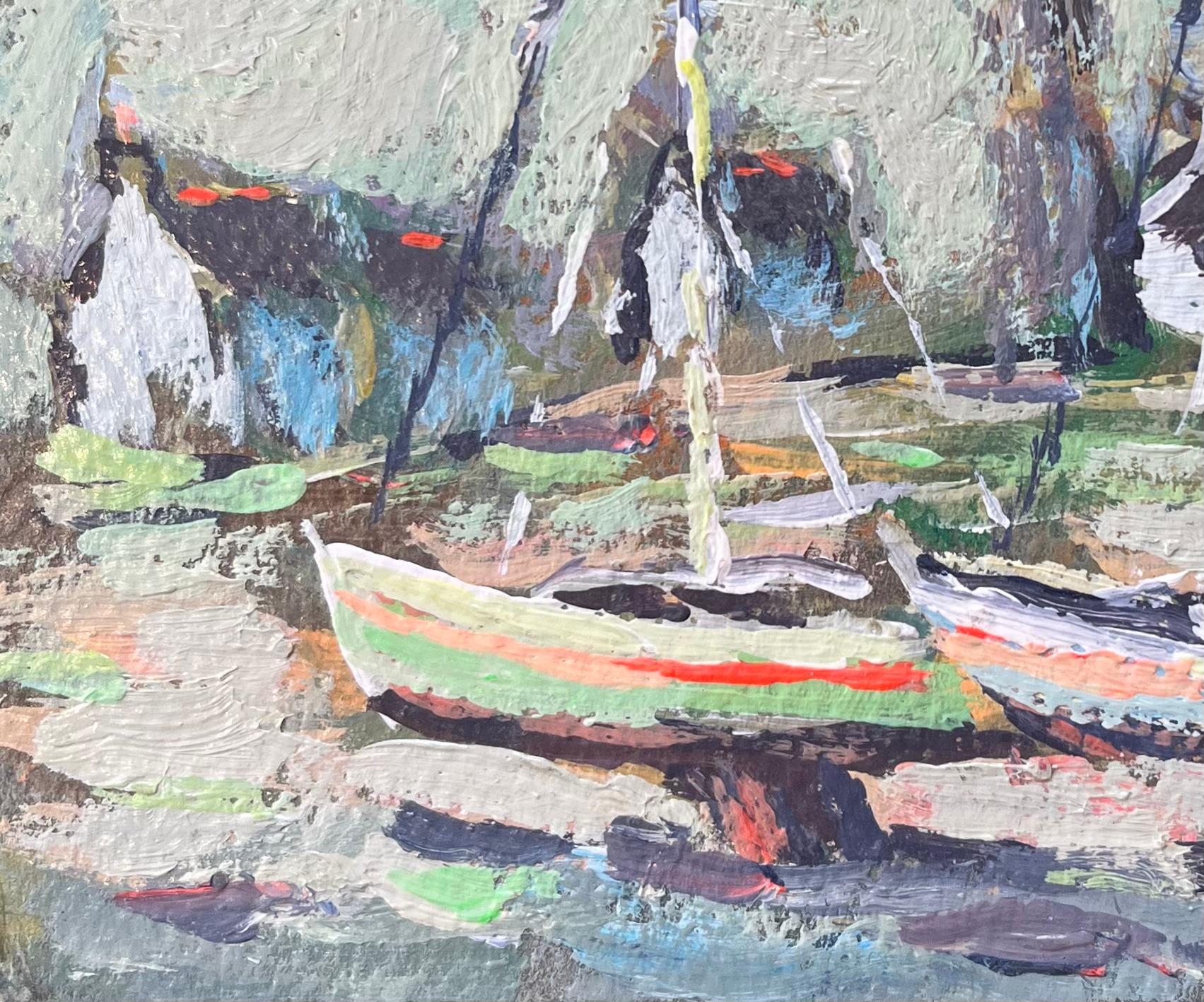French Impressionist Oil Painting of Boats by the Sea in Breton Village For Sale 1