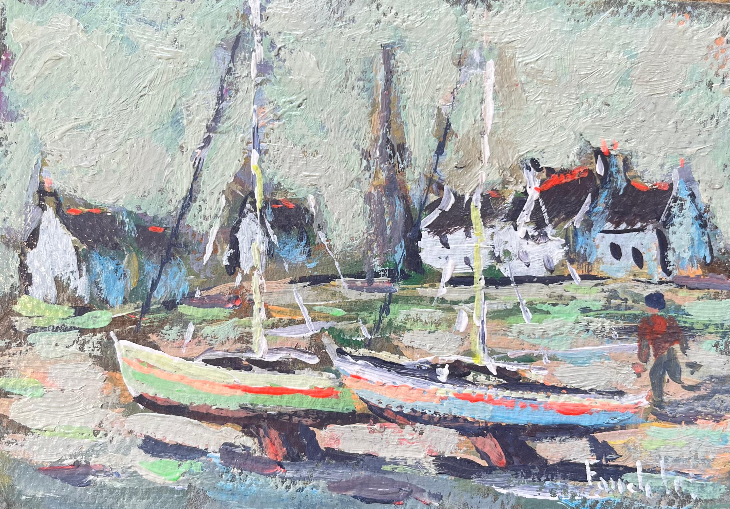 Fanch Lel Figurative Painting - French Impressionist Oil Painting of Boats by the Sea in Breton Village