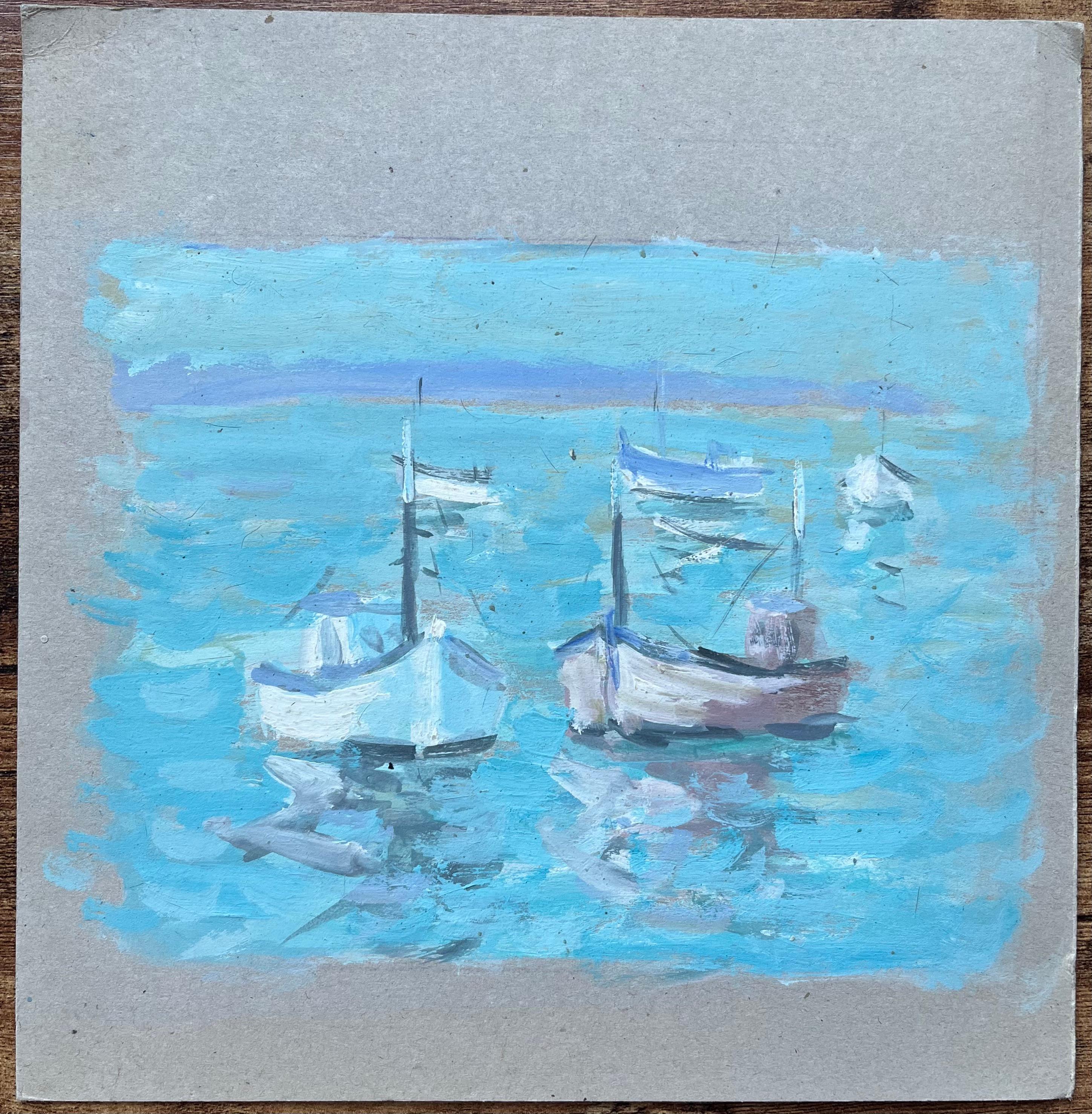 Pittura a olio impressionista francese con barche che galleggiano sull'acqua turchese - Painting di Fanch Lel
