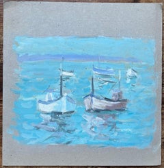 French Impressionist Oil Painting of Boats Floating on Turquoise Water
