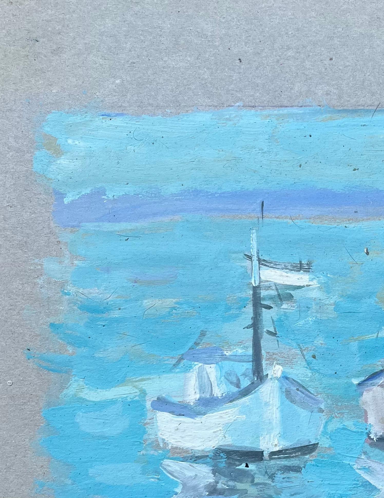 Pittura a olio impressionista francese con barche che galleggiano sull'acqua turchese - Figurative Painting Blu di Fanch Lel