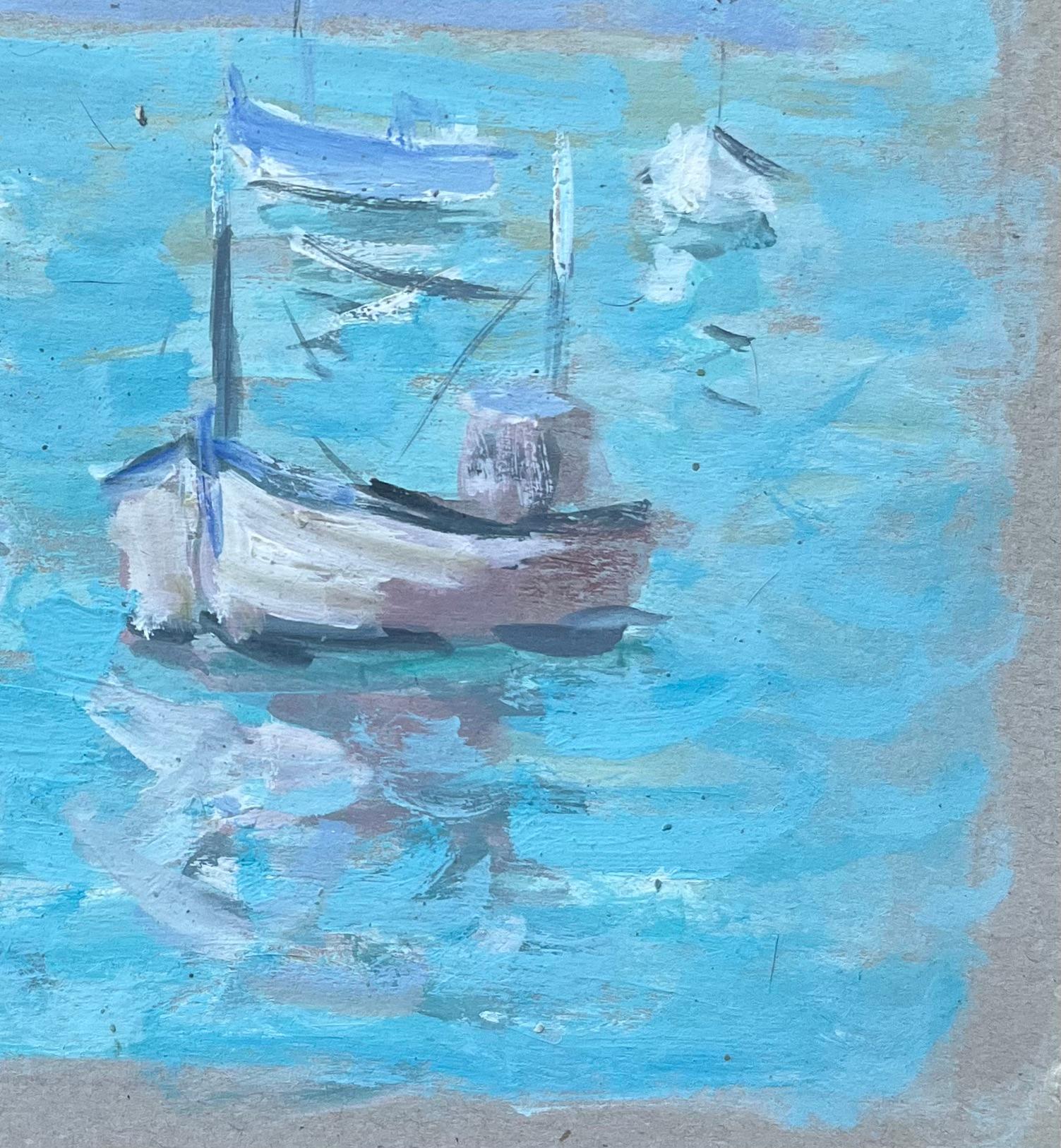 Titolo: Pittura ad olio impressionista francese con barche che galleggiano su acqua turchese
di Fanch Lel (francese, nato nel 1930)
Dimensioni: 10,5 pollici (altezza) x 10,25 pollici (larghezza)
Pittura a olio su cartoncino, senza cornice
Condit: Il