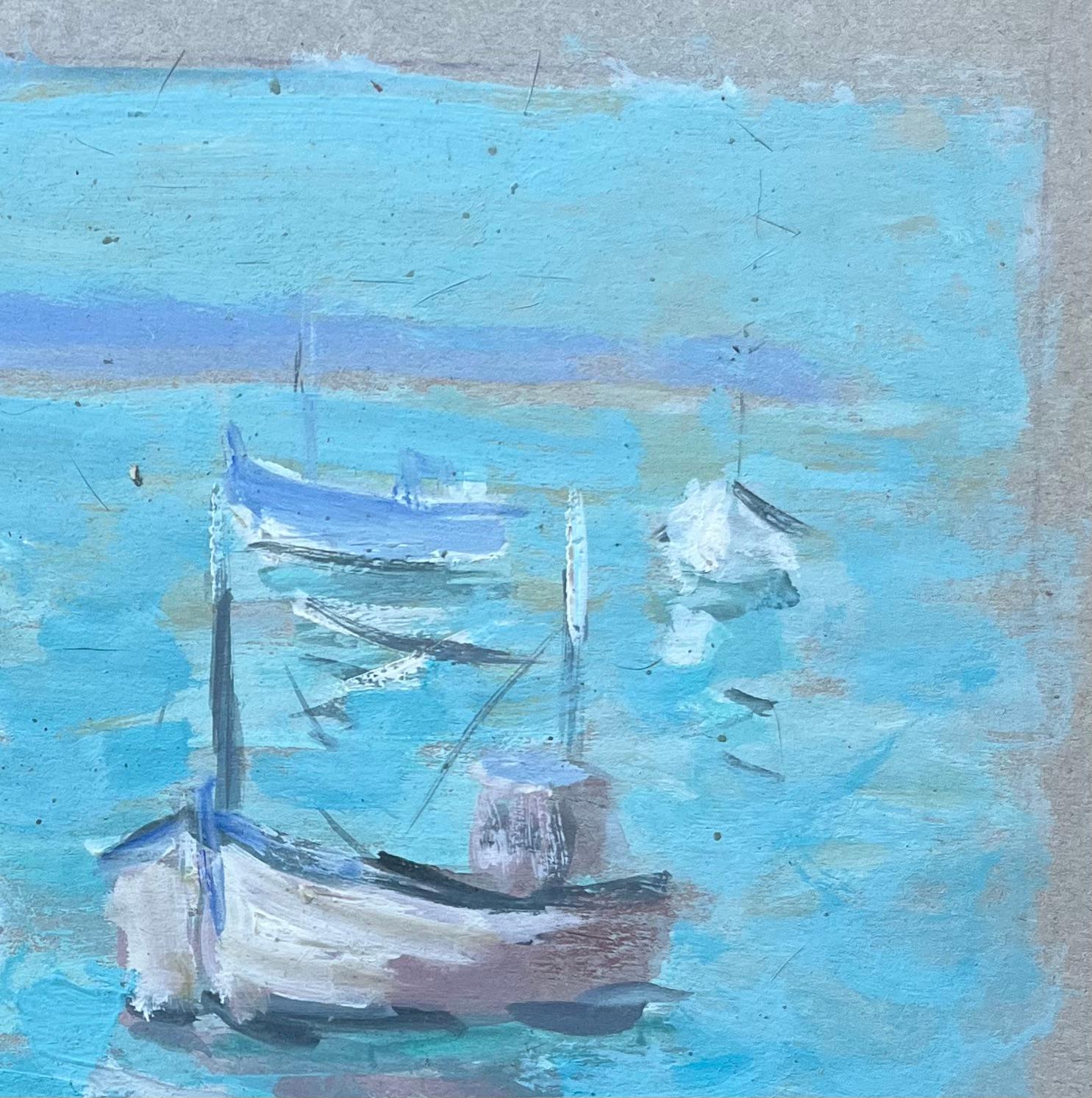 Pittura a olio impressionista francese con barche che galleggiano sull'acqua turchese in vendita 1