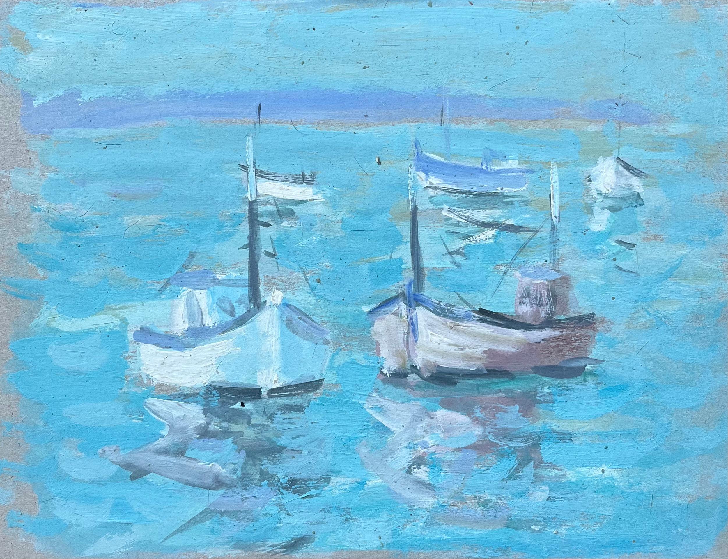 Figurative Painting di Fanch Lel - Pittura a olio impressionista francese con barche che galleggiano sull'acqua turchese