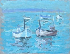 French Impressionist Oil Painting of Boats Floating on Turquoise Water