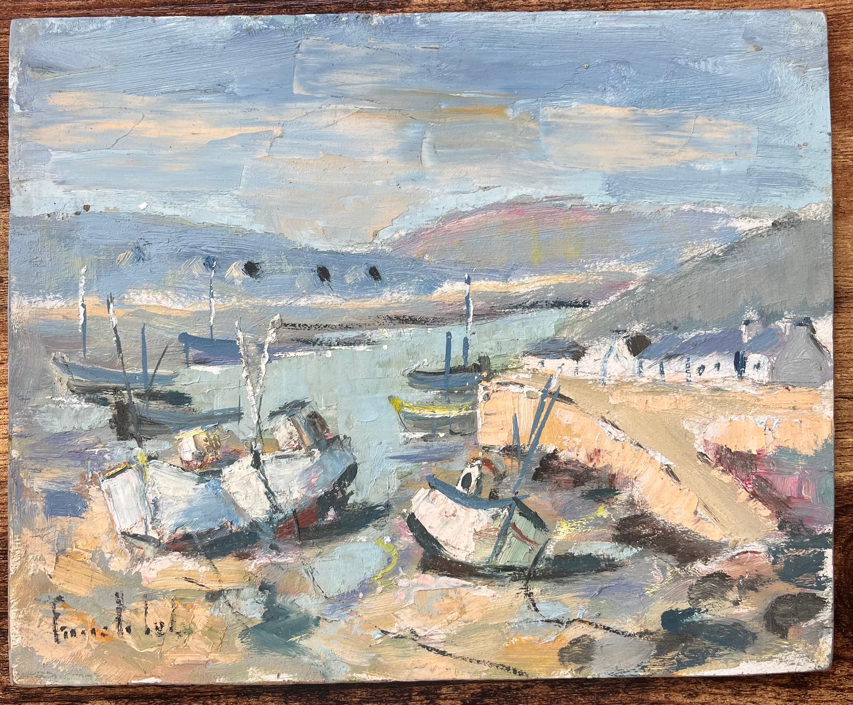 French Impressionist Oil Painting of Boats in a Coastal Harbour - Gray Landscape Painting by Fanch Lel