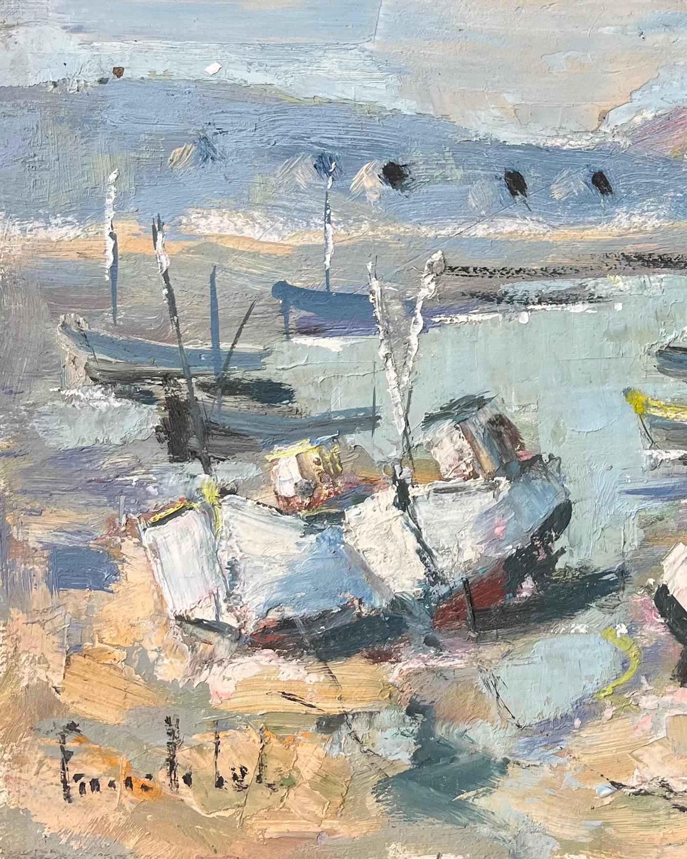 French Impressionist Oil Painting of Boats in a Coastal Harbour For Sale 1