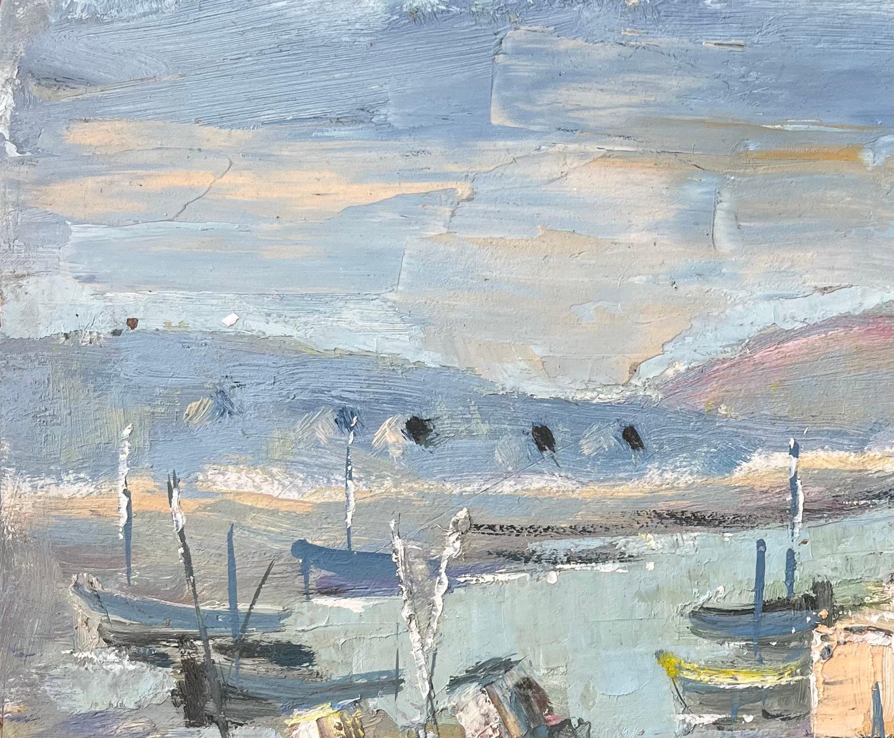 French Impressionist Oil Painting of Boats in a Coastal Harbour For Sale 3