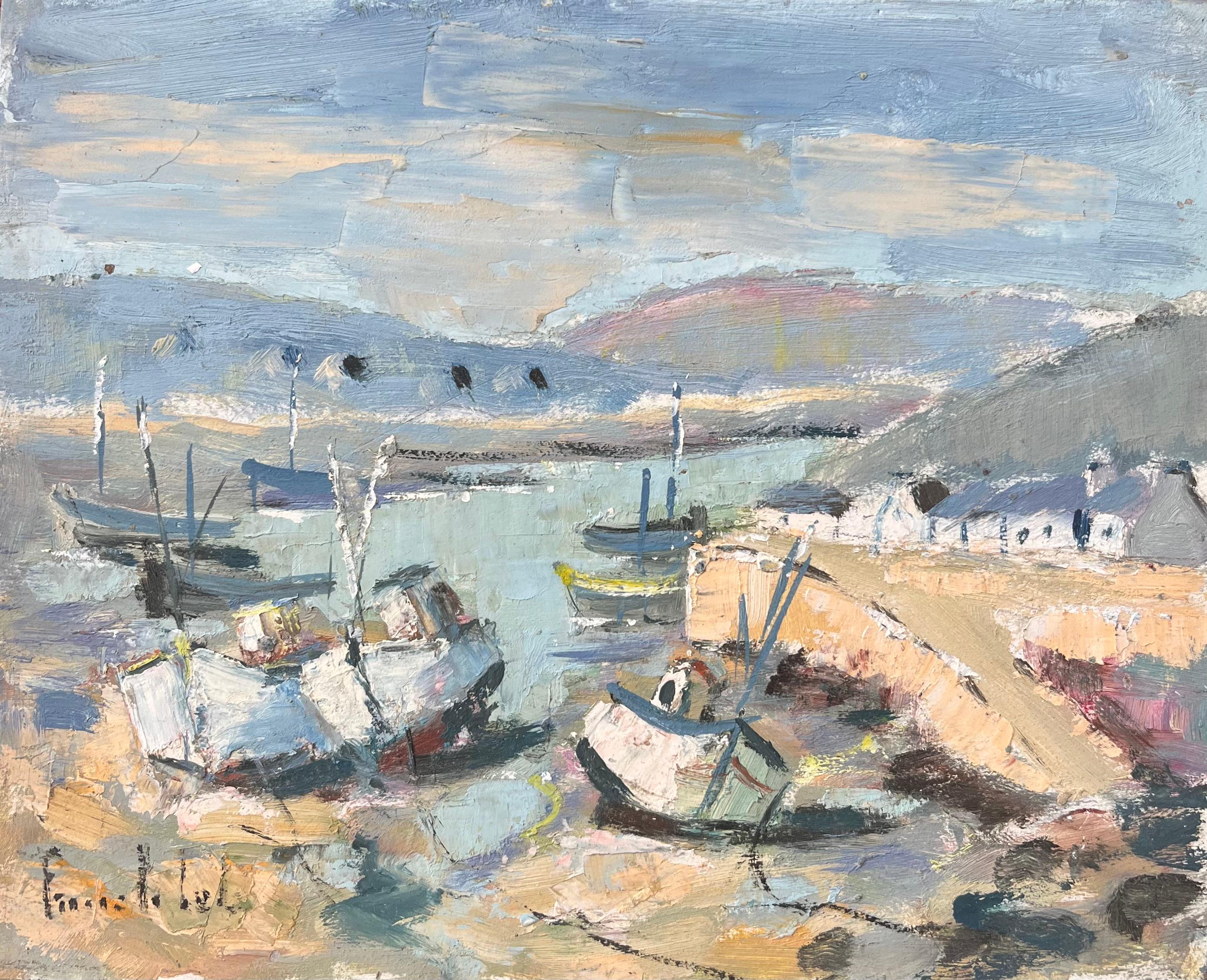 Fanch Lel Landscape Painting - French Impressionist Oil Painting of Boats in a Coastal Harbour