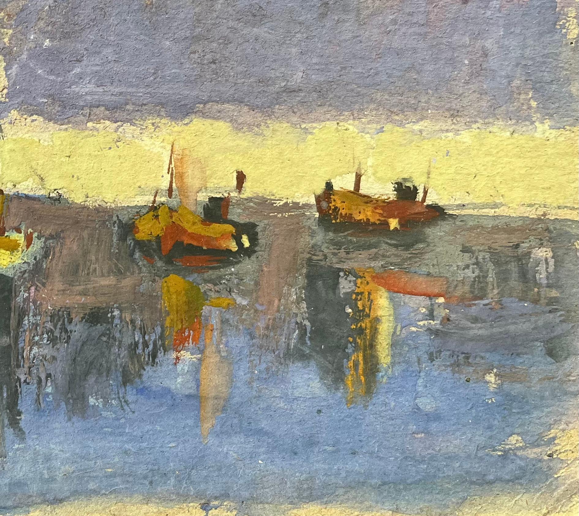 French Impressionist Oil Painting of Boats in a Harbor at Dusk - Gray Landscape Painting by Fanch Lel