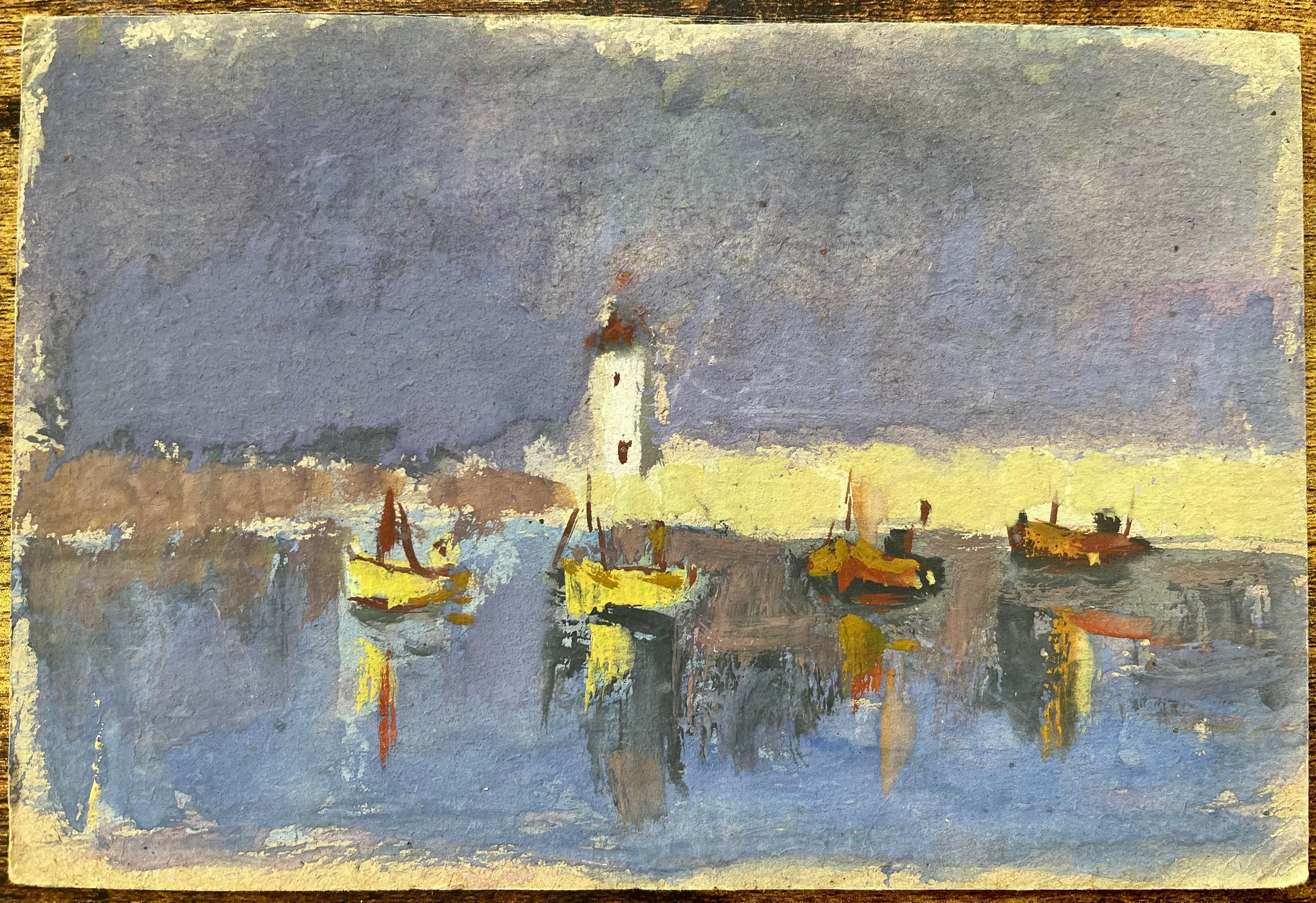 Title: French Impressionist Oil Painting of Boats in a Harbor at Dusk
By Fanch Lel (French b. 1930)
Size: 5.75 x 8.75 inches (height x width)
Oil painting on card, unframed
Condition: The painting is in good condition, with minor signs of