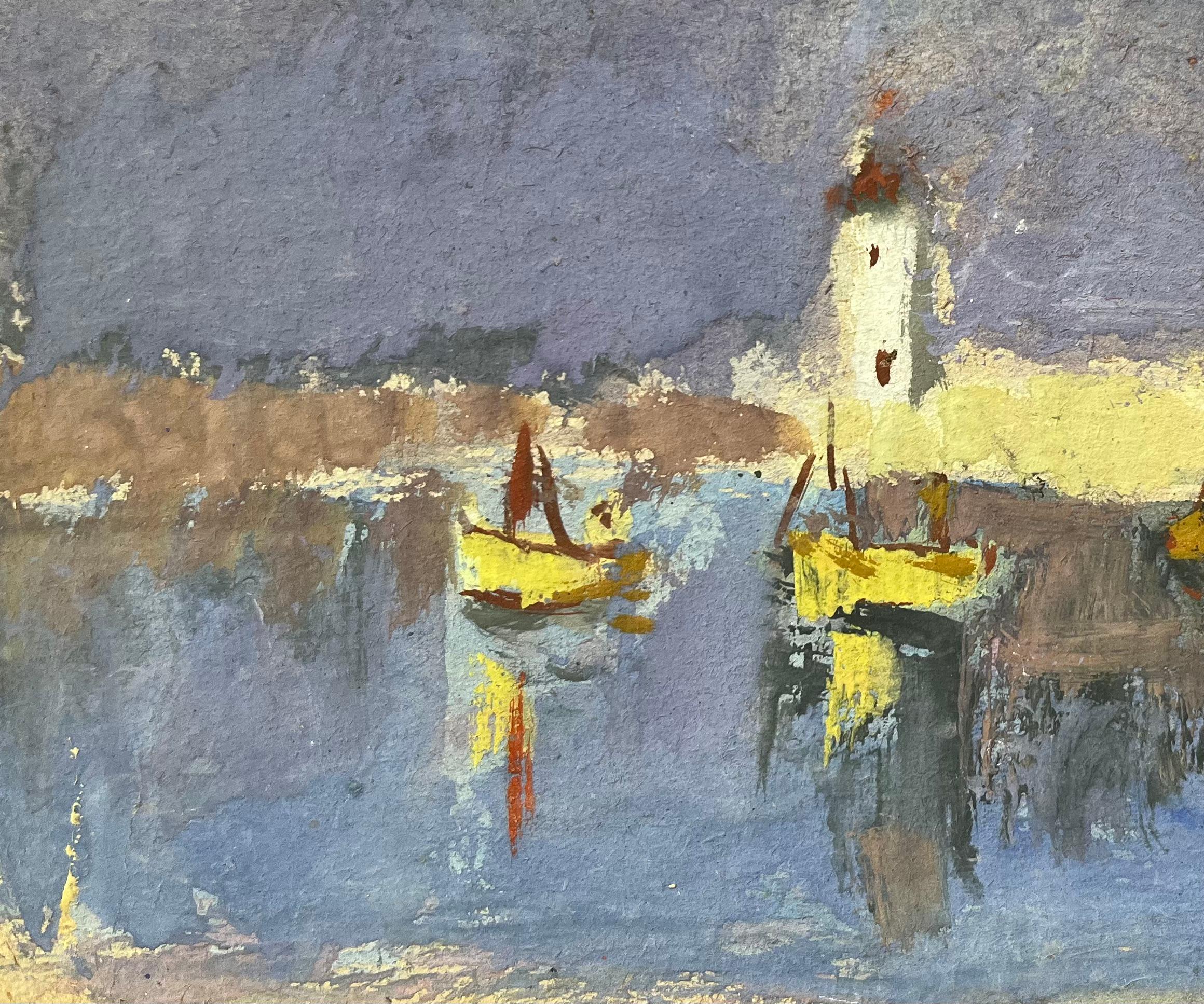 French Impressionist Oil Painting of Boats in a Harbor at Dusk For Sale 1