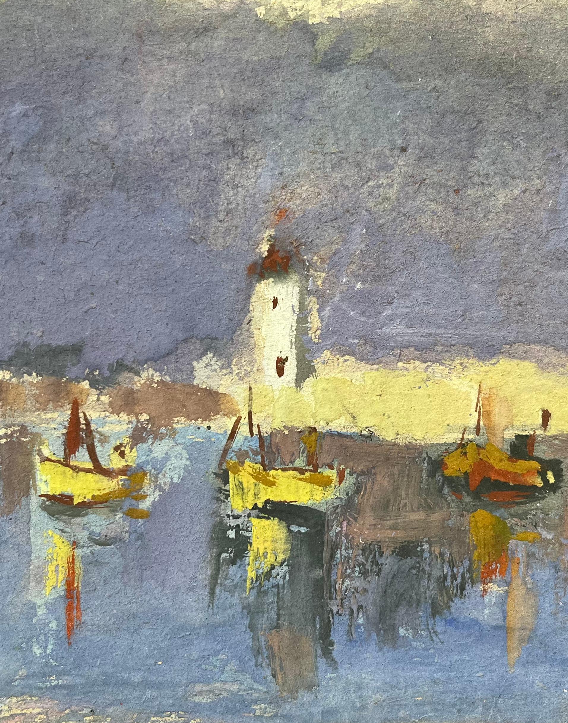 French Impressionist Oil Painting of Boats in a Harbor at Dusk For Sale 2