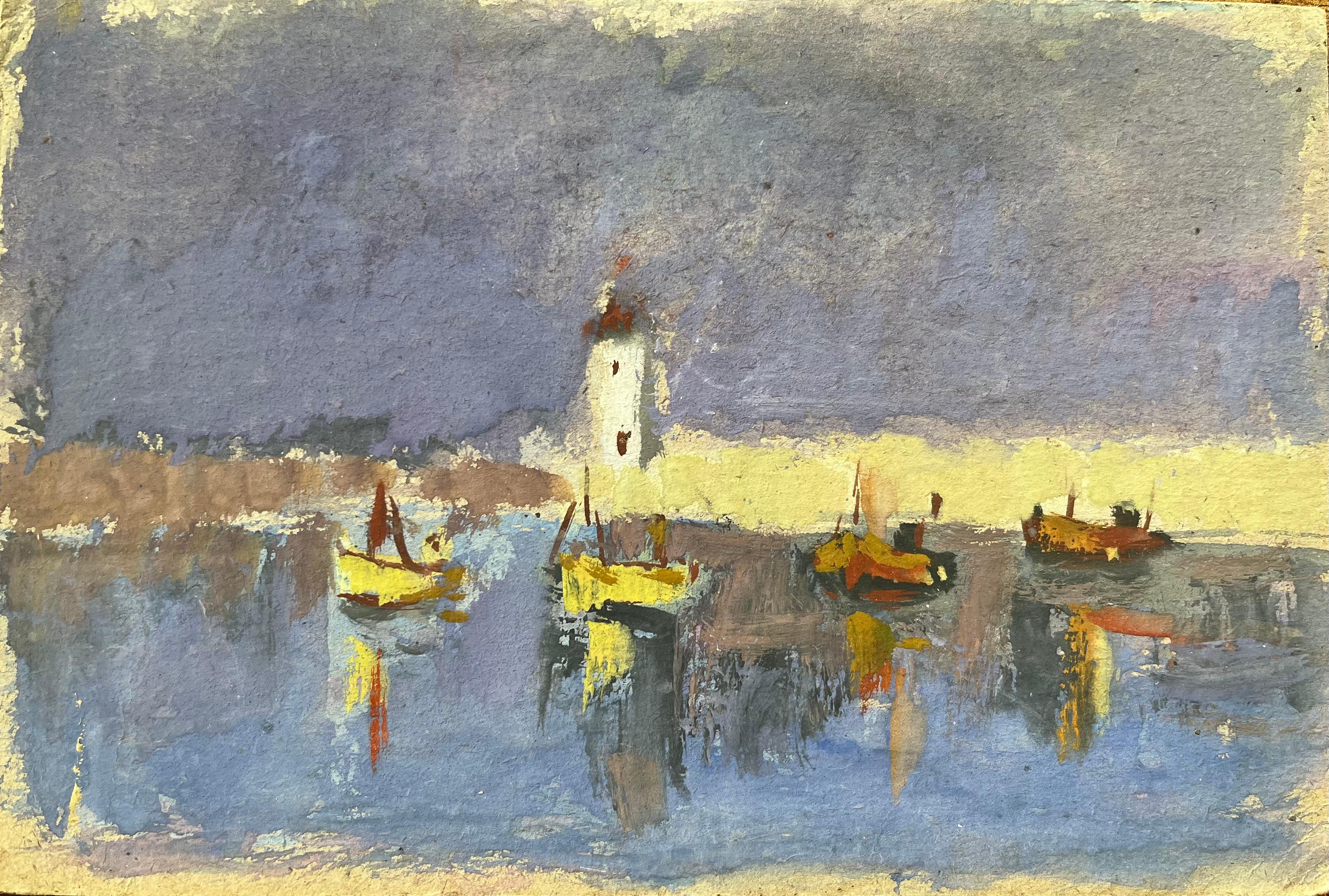 Fanch Lel Landscape Painting - French Impressionist Oil Painting of Boats in a Harbor at Dusk