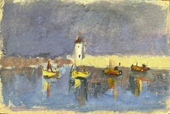 French Impressionist Oil Painting of Boats in a Harbor at Dusk