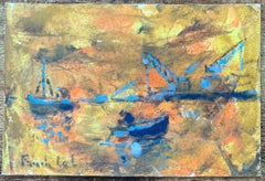 Peinture à l'huile impressionniste française représentant des bateaux dans le port de Saint-Malo