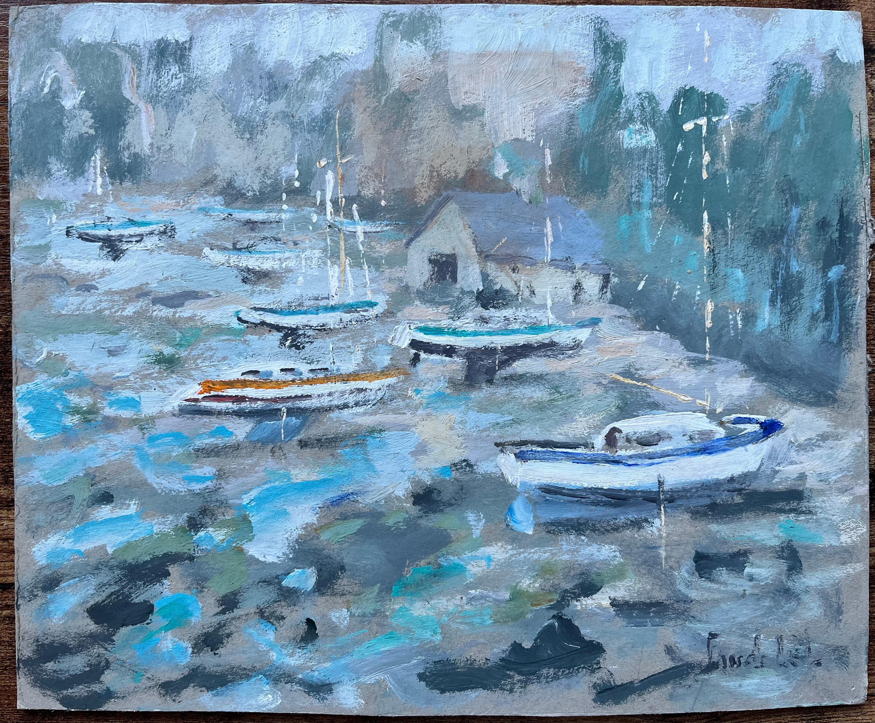 Peinture à l'huile impressionniste française représentant des bateaux moulés dans un étang forestier - Painting de Fanch Lel