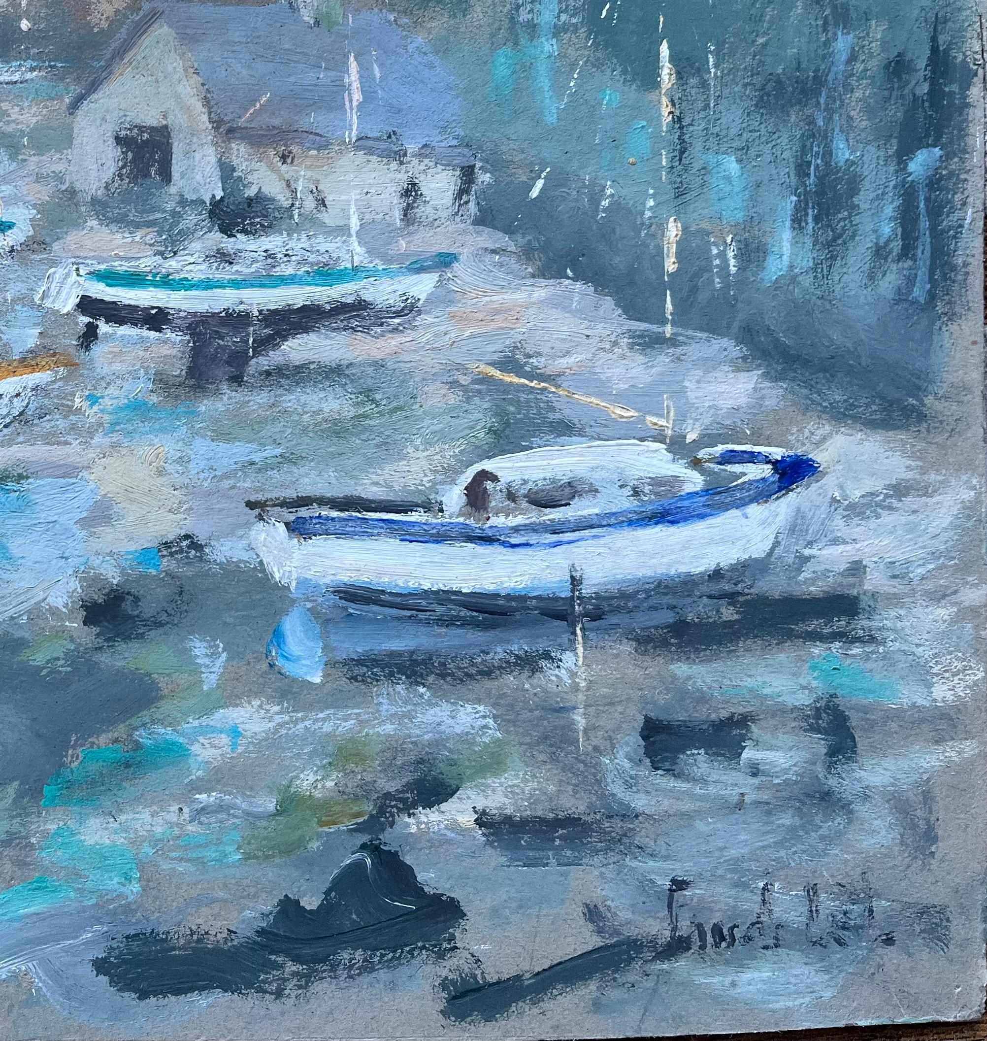 Peinture à l'huile impressionniste française représentant des bateaux moulés dans un étang forestier - Impressionnisme Painting par Fanch Lel