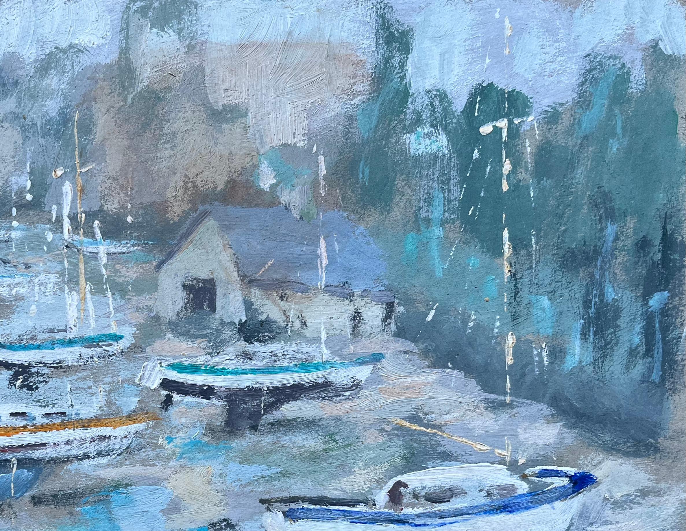 Peinture à l'huile impressionniste française représentant des bateaux moulés dans un étang forestier - Bleu Figurative Painting par Fanch Lel