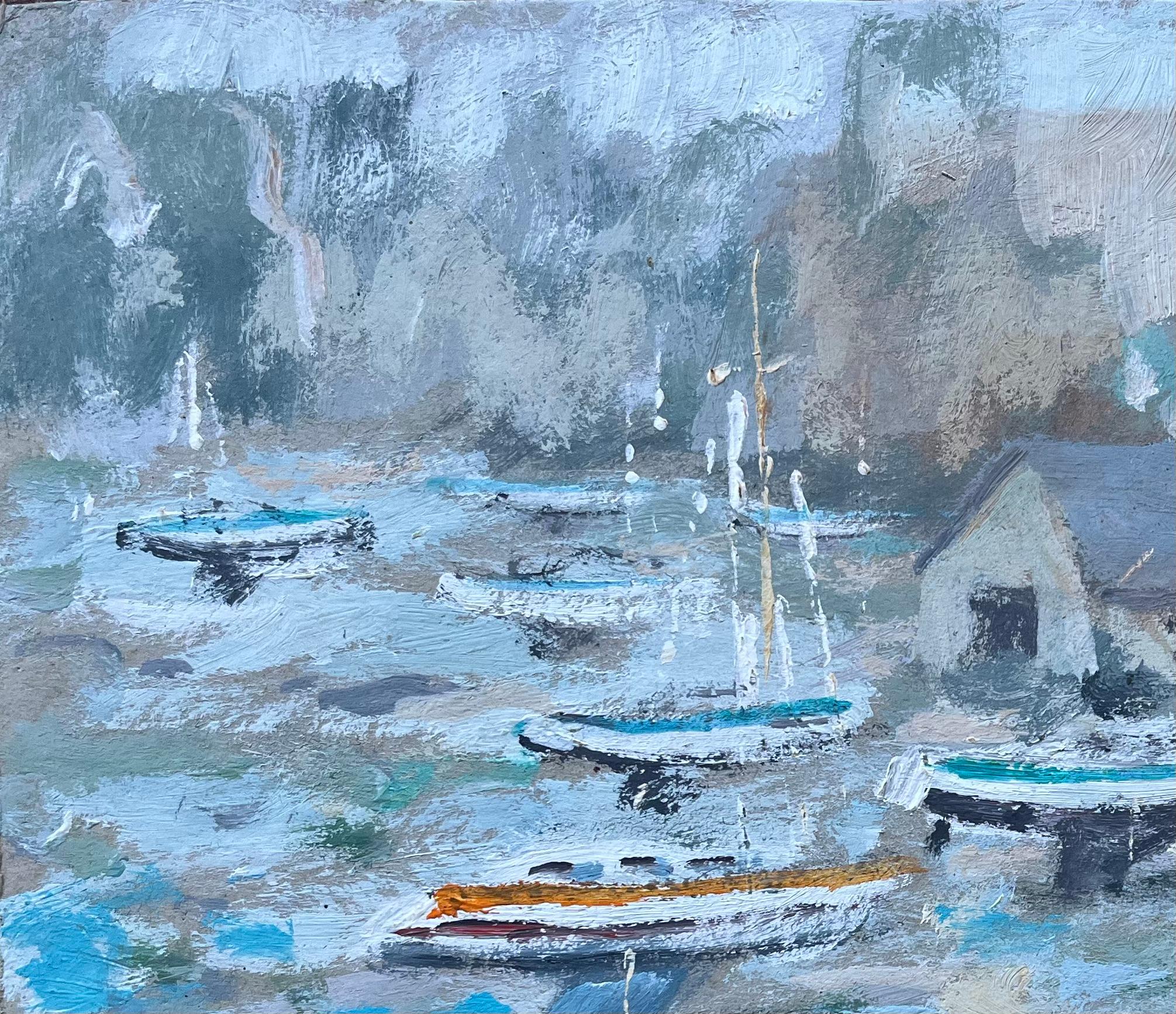 Titre : Peinture à l'huile impressionniste française de bateaux amarrés dans un estuaire boisé
de Fanch Lel (français né en 1930)
Taille : 8.75 pouces (hauteur) x 10.5 pouces (largeur)
Peinture à l'huile sur carton, non encadrée
Condit : Le tableau