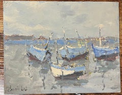 French Impressionist Oil Painting of Boats Moored in a Tranquil Harbor