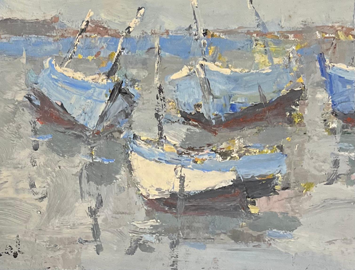 Óleo impresionista francés de barcos amarrados en un puerto tranquilo - Painting Impresionista de Fanch Lel