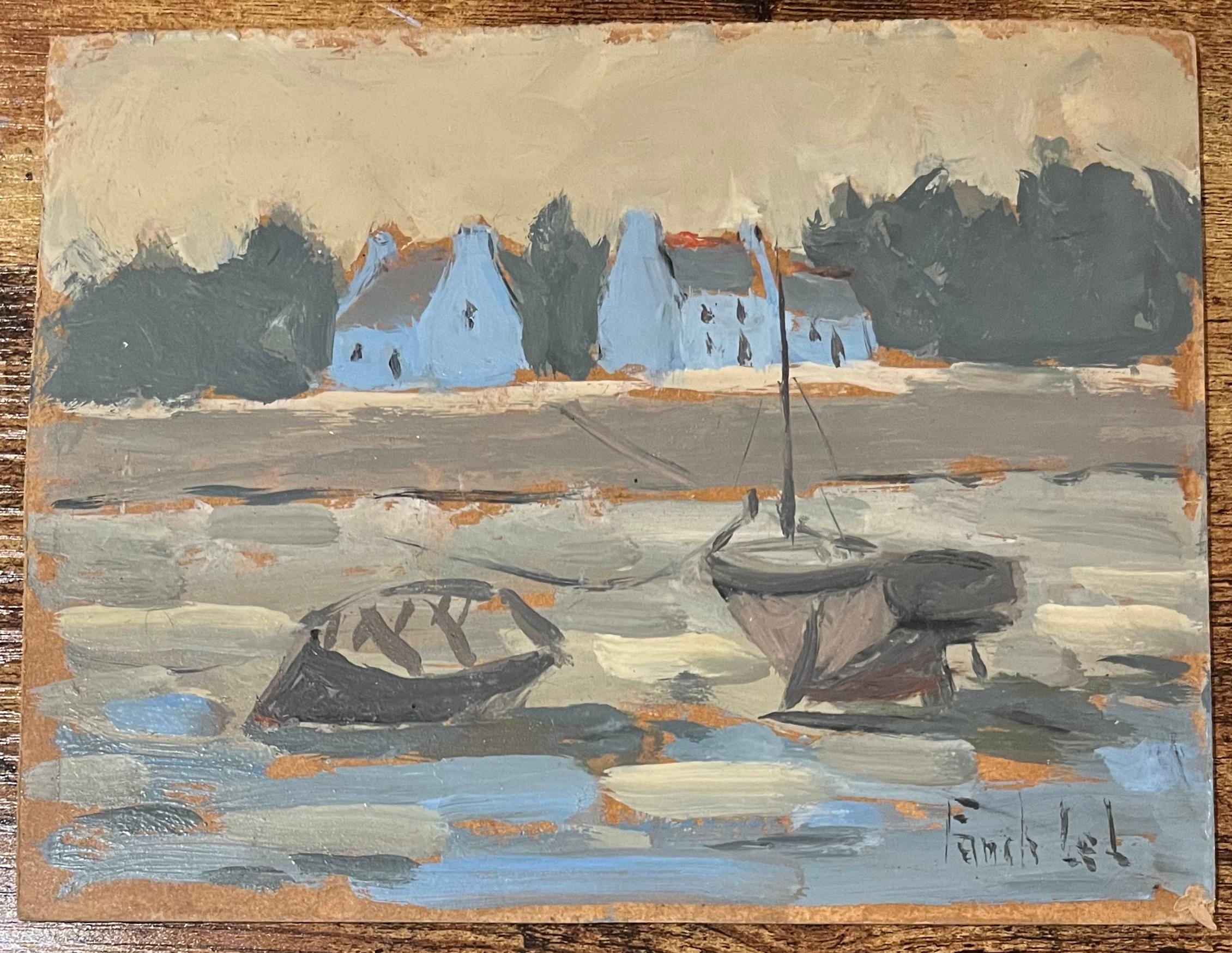 Pittura a olio impressionista francese con barche che riposano di fronte a cottage costieri - Painting di Fanch Lel