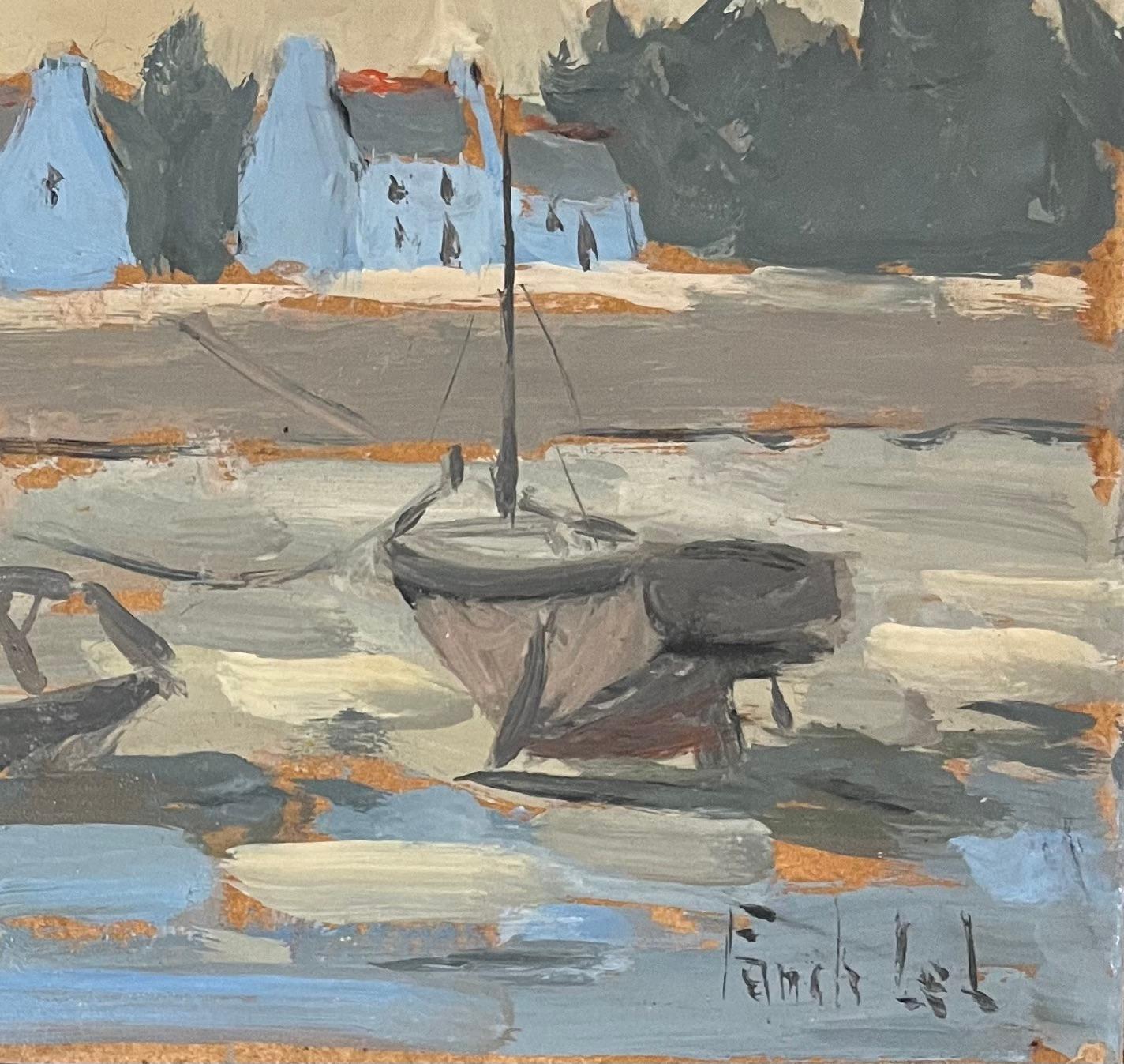 Pittura a olio impressionista francese con barche che riposano di fronte a cottage costieri - Painting Impressionismo di Fanch Lel