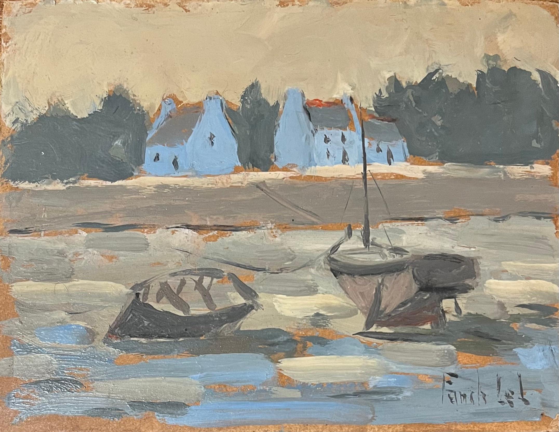 Figurative Painting di Fanch Lel - Pittura a olio impressionista francese con barche che riposano di fronte a cottage costieri
