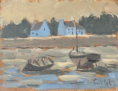 French Impressionist Oil Painting of Boats Resting in Front of Coastal Cottages