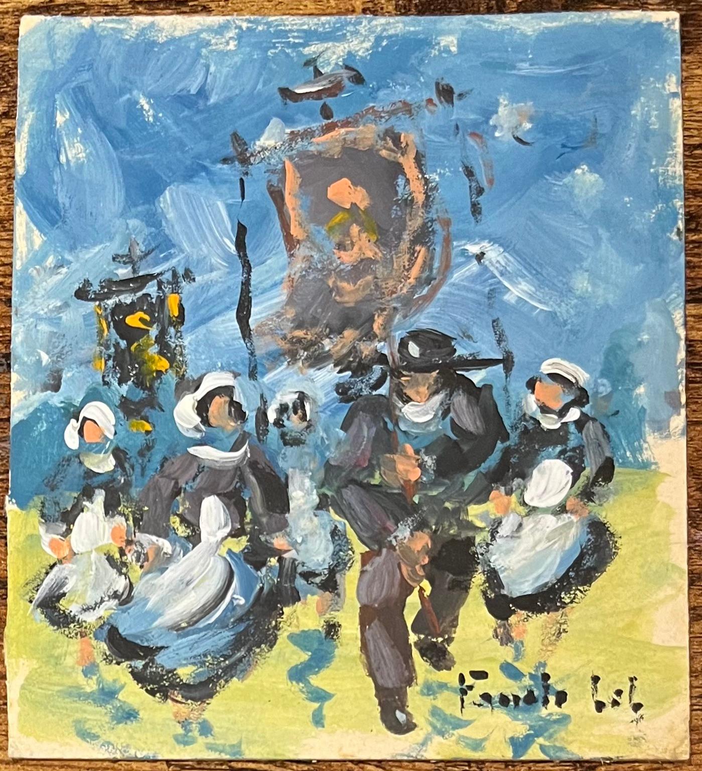 Pittura a olio impressionista francese con celebrazione di una famiglia bretone sotto un cielo azzurro - Painting di Fanch Lel