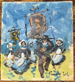 Pintura al óleo impresionista francesa de Celebración familiar bretona bajo un cielo azul