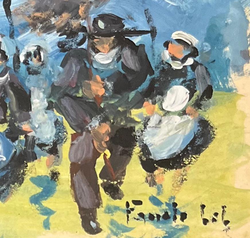 Pittura a olio impressionista francese con celebrazione di una famiglia bretone sotto un cielo azzurro - Painting Impressionismo di Fanch Lel