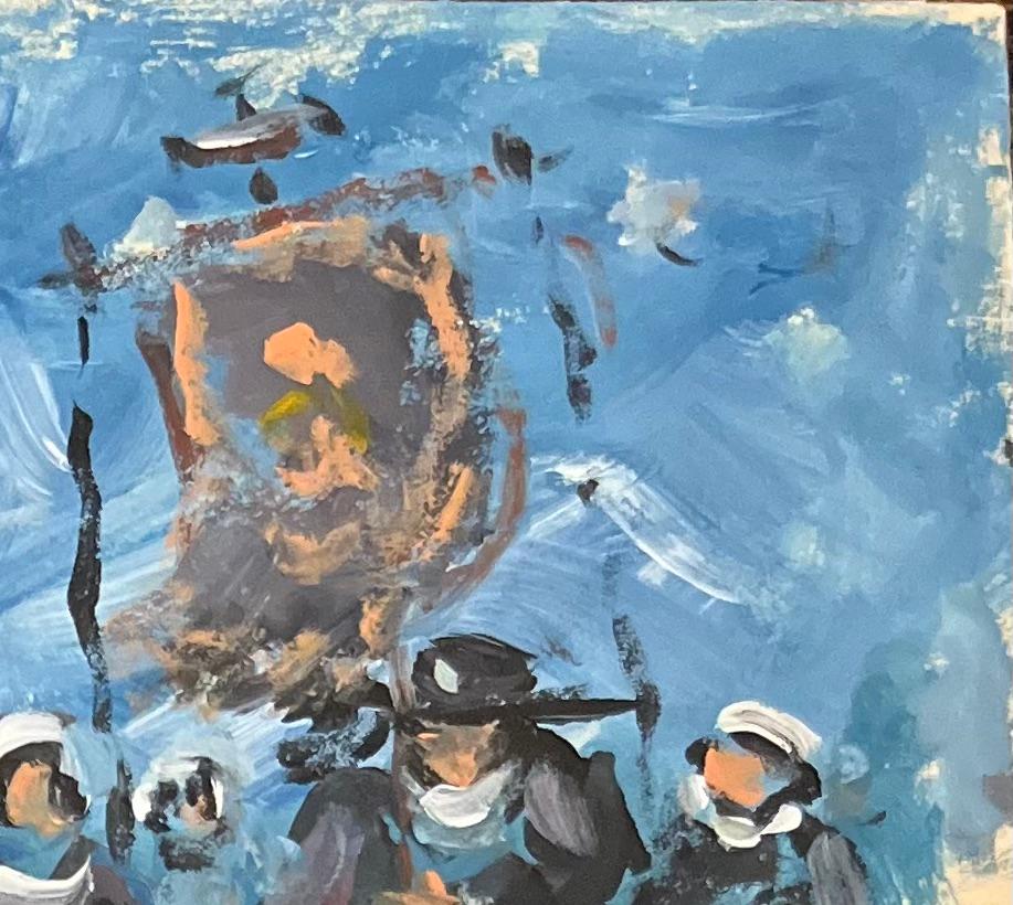 Pittura a olio impressionista francese con celebrazione di una famiglia bretone sotto un cielo azzurro - Figurative Painting Blu di Fanch Lel